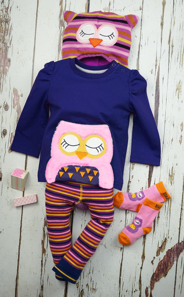 Blade & Rose Betty Owl Top - bold, bright and fun! This gorgeous top features a soft fleece applique Betty owl character. Sold by Say It Baby Gifts