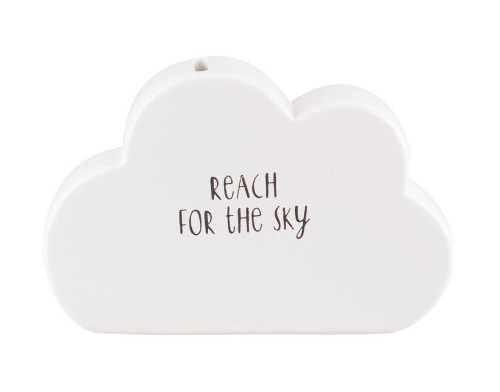 Sass & Belle Cloud Money Box - Say It Baby Made from dolomite, this cute cloud shaped box has a sweet face with rosy cheeks on the front and the words "Reach For the Sky" on the reverse.