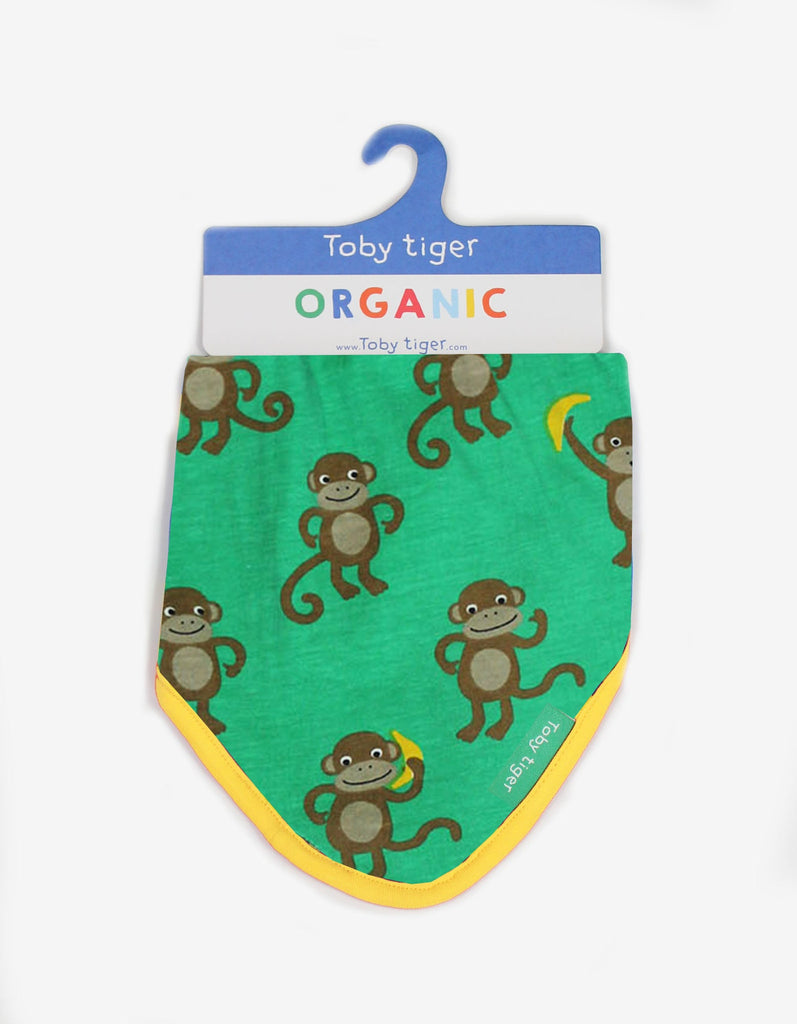 Toby Tiger Monkey Dribble Bib  - A gorgeous bib in green featuring cheeky monkey and bananas, with a bold yellow trim. Organic baby bib, Sold by Say It Baby Gifts