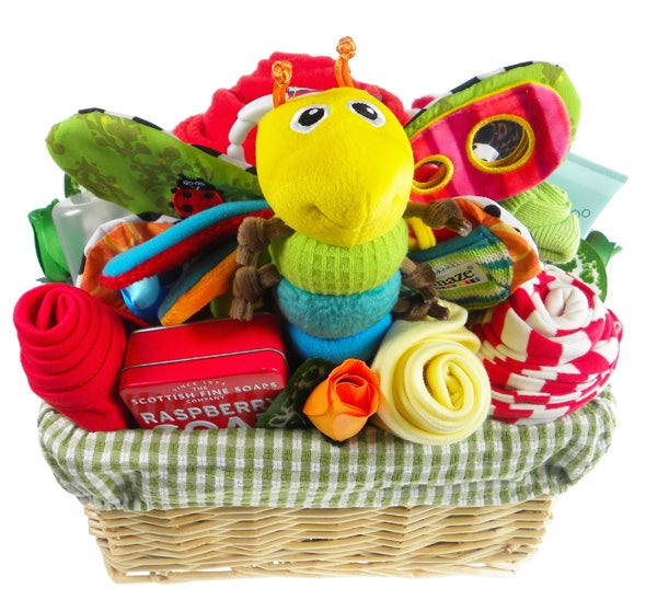 Deluxe Bright Baby Gift Flower Basket. This deluxe bright and fun baby arrangement contains everything needed for a special new one including blanket, romper, socks, washcloths, special baby toiletries, bibs and a beautiful soft toy.