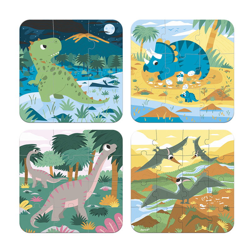 Janod Progressive Difficulty Puzzles - Dinosaurs. Four beautifully illustrated dinosaur themed jigsaws, each progressively more challenging. Sold by Say It Baby Gifts. Age 3 +