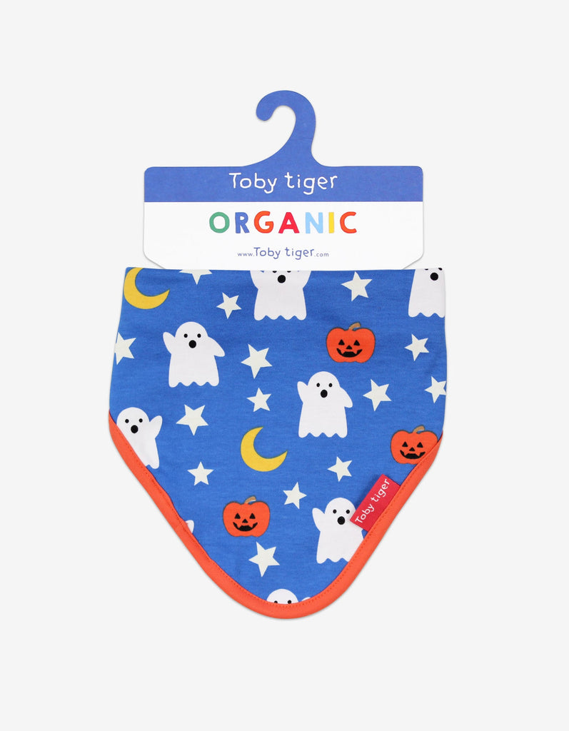 Toby Tiger Ghost Print Dribble Bib - A gorgeous bib that will keep your little pumpkin looking cute! This lovely bib in blue features friendly white ghosts and a sweet jack o'lantern and star print with a bold orange trim.