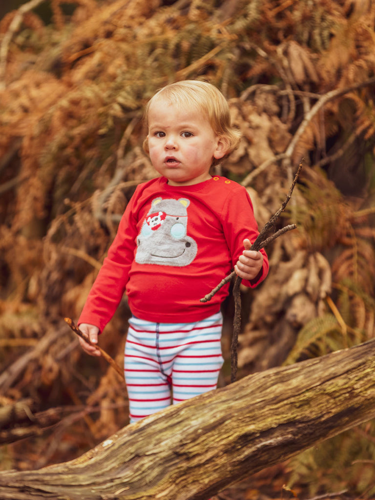 Blade & Rose Harry The Hippo Top - bold, bright and fun! This gorgeous bright red top features Harry the Hippo with a cool pirate patch, sherpa fleece and complete with embroidery detail. Sold by Say it Baby Gifts