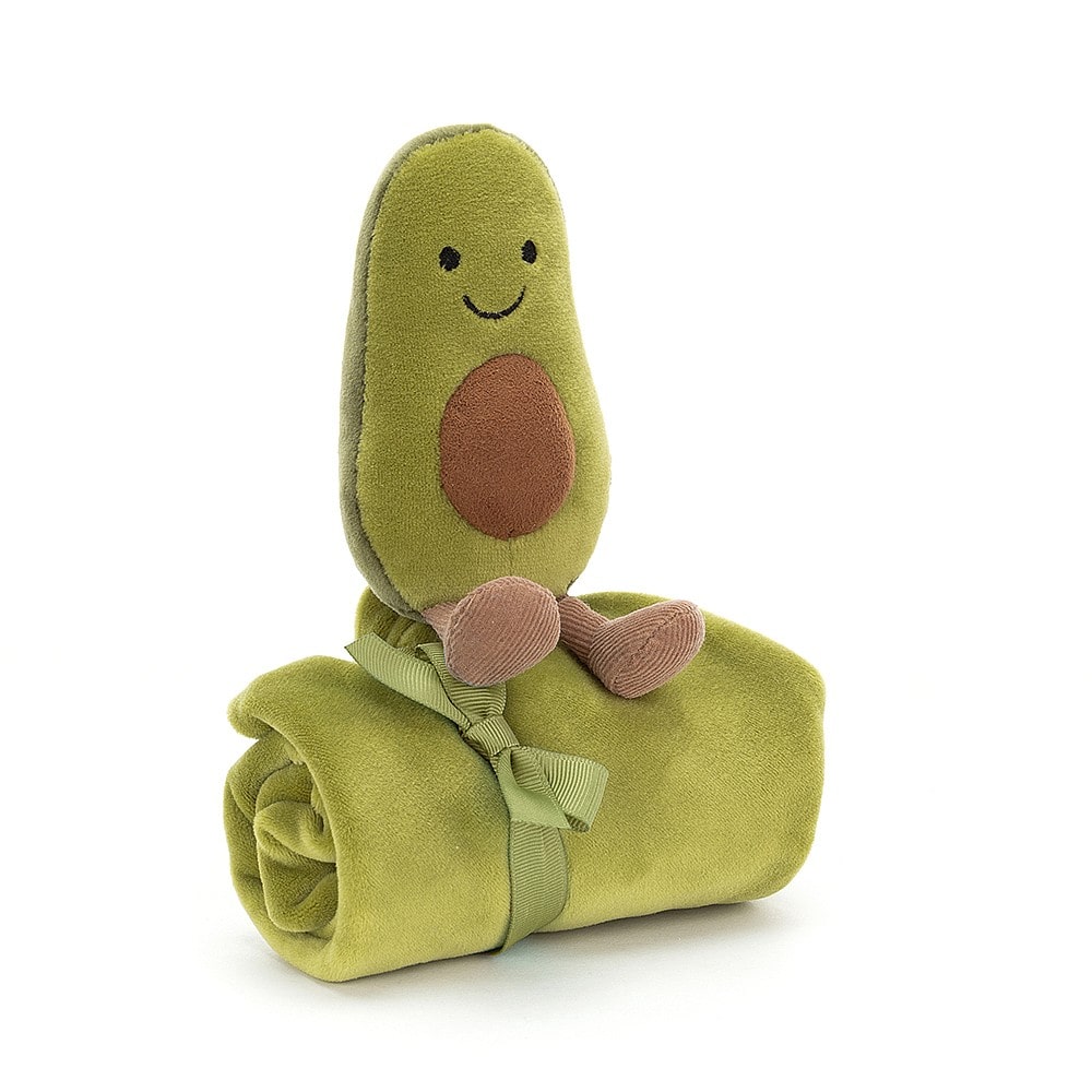 Jellycat Amuseable Avocado Soother - rolled up and tied with ribbon