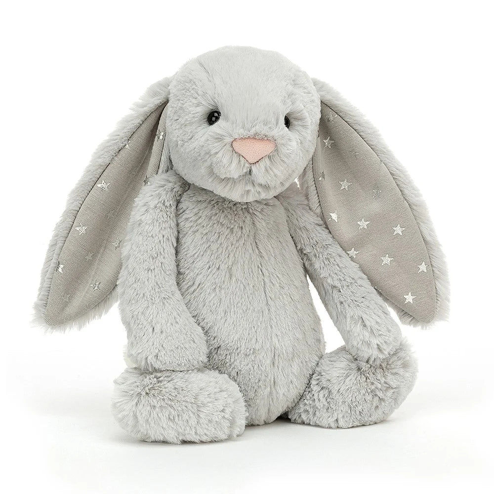 This super soft Jellycat Shimmer bunny has gorgeous soft silvery fur, long floppy sparkly ears and a cute white bobtail. She really is an ideal first soft toy and is sure to make bedtime more magical! Sold by Say It Baby Gifts