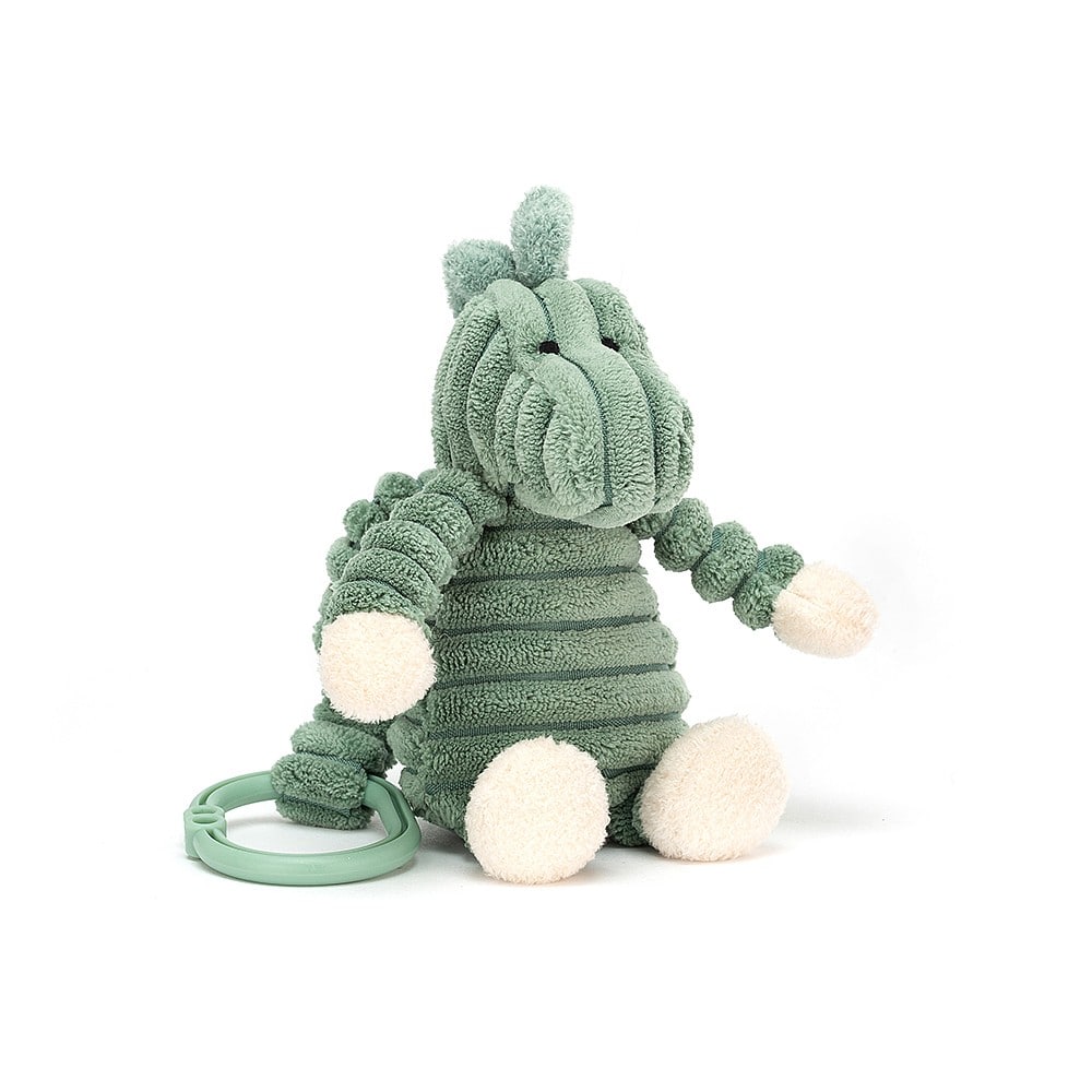 Jellycat Cordy Roy Dino Jitter Toy - a soft and squashy sage coloured dinosaur with cream paws and chunky cordy body. Say It Baby Gifts