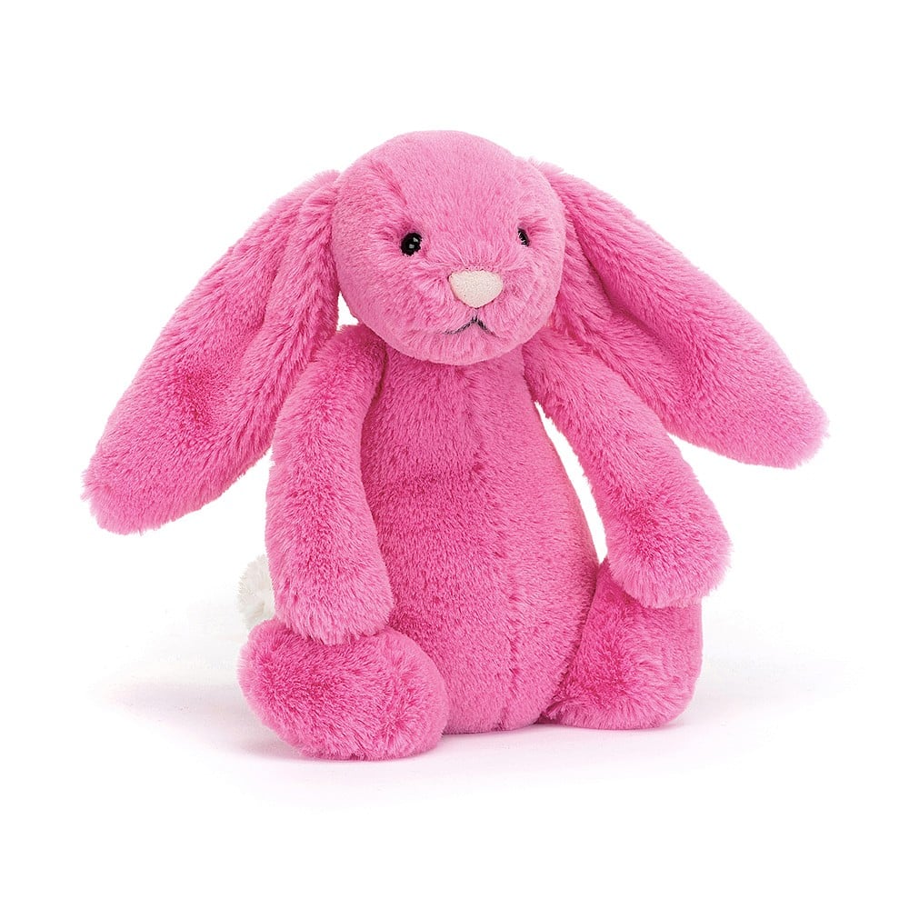 This super soft Jellycat Hot Pink Bunny has dragonfruit pink fur and a pastel-pink nose.  Sold by Say it Baby Gifts. Small. BASS6BHP