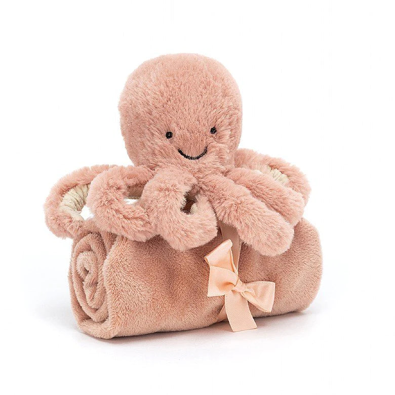 Jellycat Odell Octopus Soother is a gorgeously coral pink, super soft soother, featuring happy Odell Octopus and her eight curly, cordy arms! Sold by Say It Baby Gifts