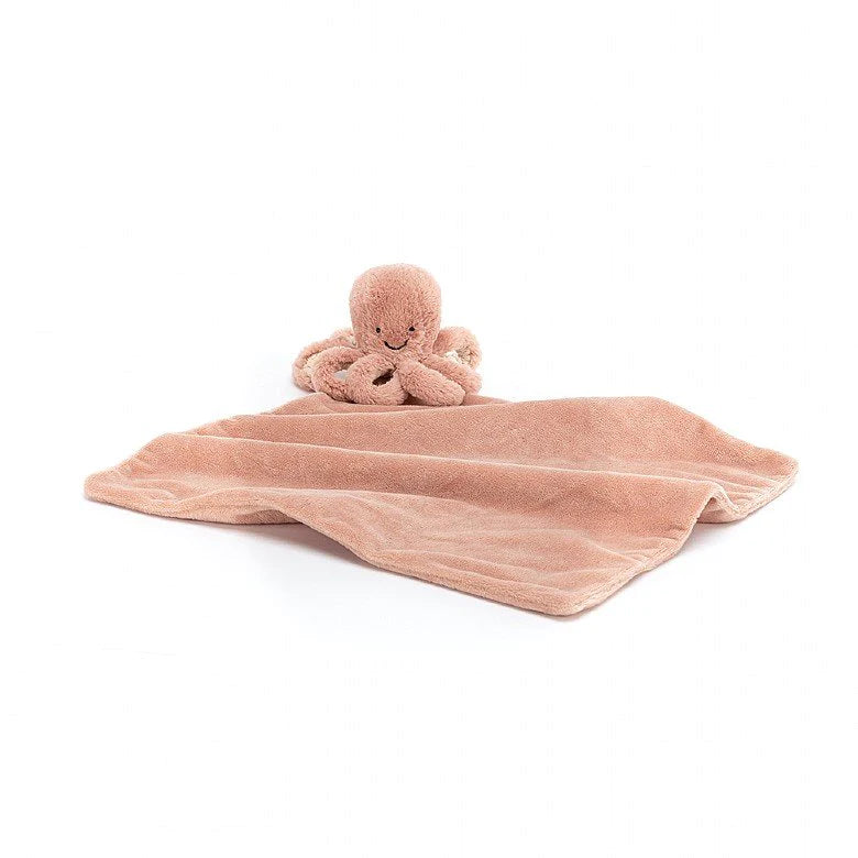 Jellycat Odell Octopus Soother is a gorgeously coral pink, super soft soother, featuring happy Odell Octopus and her eight curly, cordy arms! Sold by Say It Baby Gifts