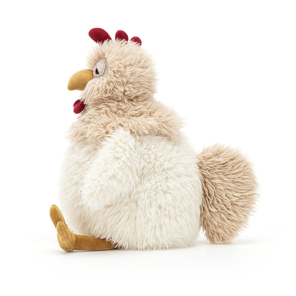Jellycat Whitney Chicken. A gloriously fluffy and scrumptiously soft girl with oaty ruff, golden suedey feet and beak and plump snowy tummy. WHIT2CH. Sold by Say It Baby Gifts