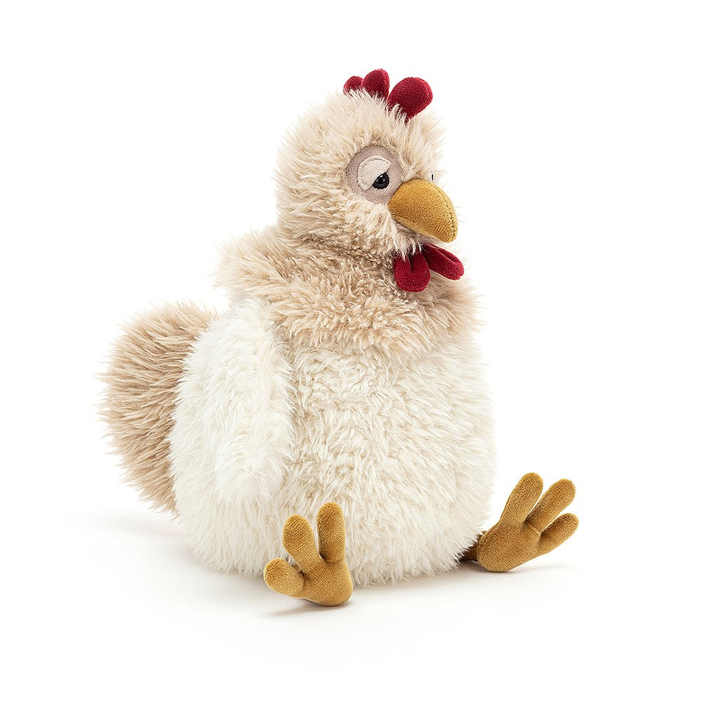 Jellycat Whitney Chicken. A gloriously fluffy and scrumptiously soft girl with oaty ruff, golden suedey feet and beak and plump snowy tummy. WHIT2CH. Sold by Say It Baby Gifts