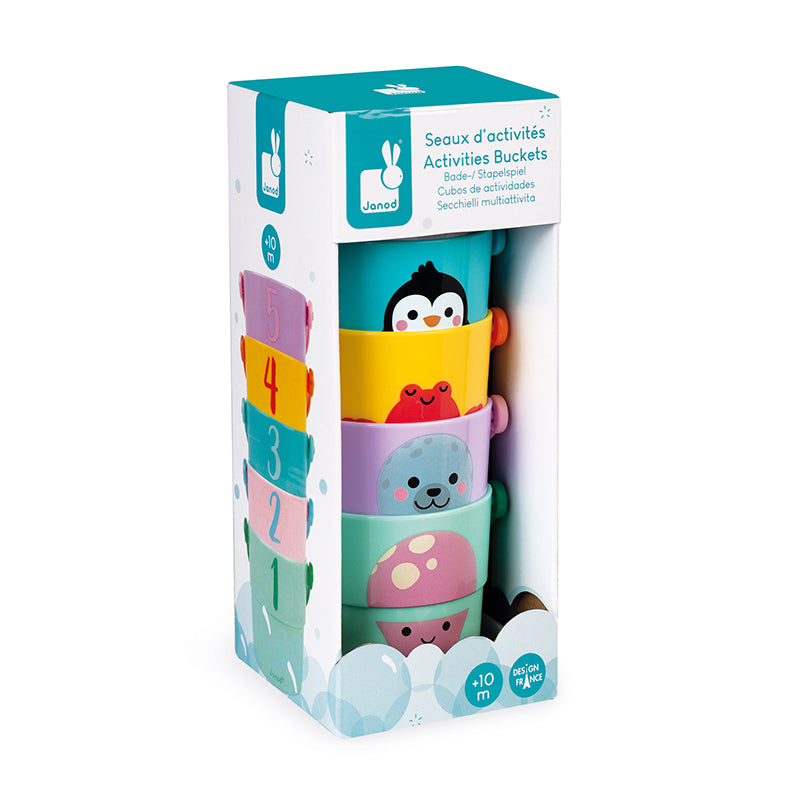 Janod Activities Bath Time Buckets (Set of 5). This lovely set contains five pastel coloured buckets, each illustrated by an adorable aquatic animal (penguin, seal, octopus, bear, crab). Sold by Say It Baby Gifts