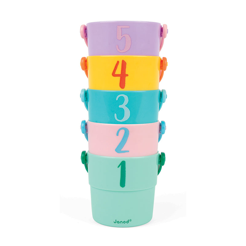 Janod Activities Bath Time Buckets (Set of 5). This lovely set contains five pastel coloured buckets, each illustrated by an adorable aquatic animal (penguin, seal, octopus, bear, crab). Sold by Say It Baby Gifts