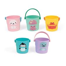 Janod Activities Bath Time Buckets (Set of 5). This lovely set contains five pastel coloured buckets, each illustrated by an adorable aquatic animal (penguin, seal, octopus, bear, crab). Sold by Say It Baby Gifts. 