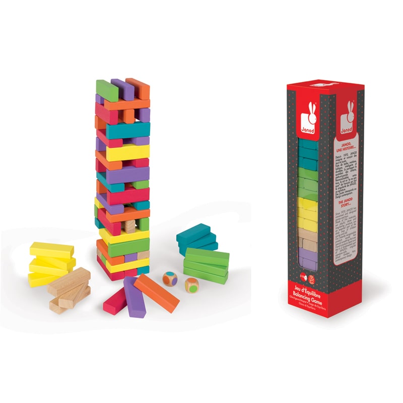 The set contains 60 wooden pieces in 7 colours and 2 dices and the aim of the game is to be the last person to remove a block without making the tower fall.