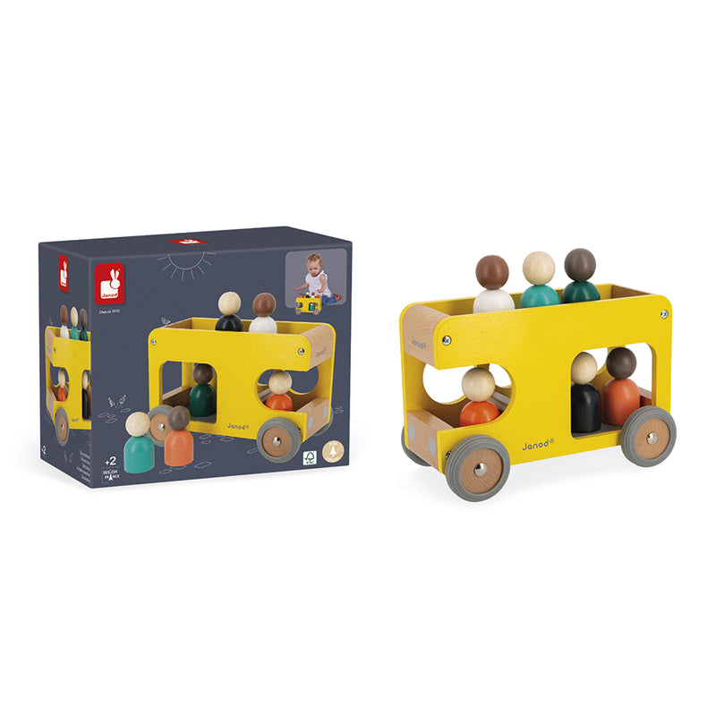 Janod Wooden School Bus. Sold by Say It Baby GiftsBeautifully made, Janod is a French toy company that create traditional games and colourful wooden toys, especially designed for children’s development through play.