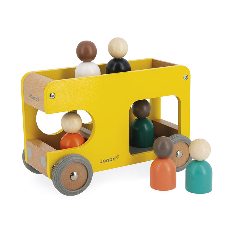 Janod Wooden School Bus. Sold by Say It Baby Gifts. With easy to handle play figures, bright and bold design and all-terrain wheels, this school bus toy is a great way for little ones to learn and gently develop their fine motor skills and imagination!
