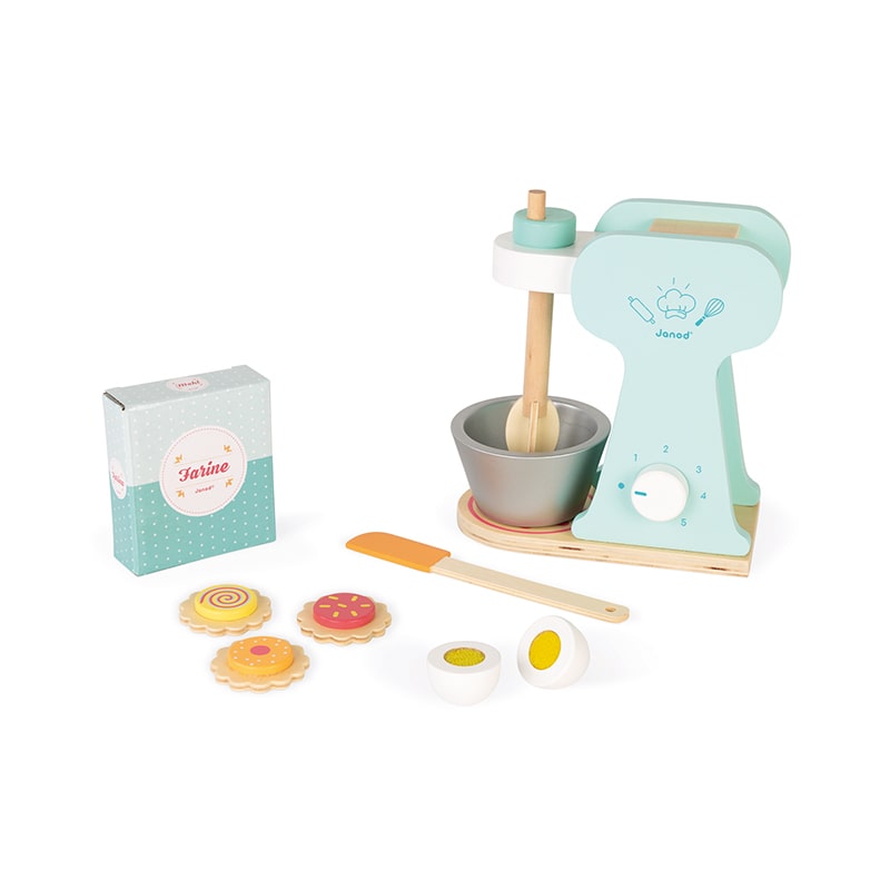 Janod Little Pastry Set - a fab gift for little budding chefs! This gorgeous little pastel green food mixer will have kids whisking up all types of imaginary cakes in no time!  Add a little flour and egg and get that mixer on! With a fun clicky rotary button, removable bowl and whisk that lifts up, kids will love preparing their little bakes for the whole family.