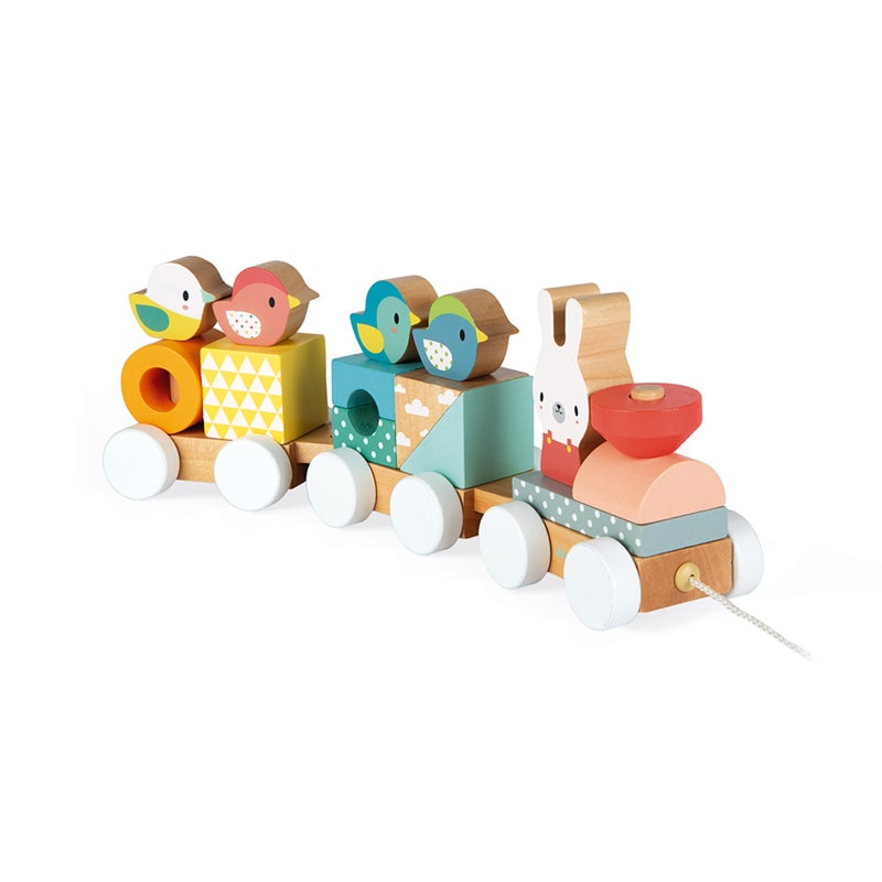 Janod Pure Train for age 12 months plus. This 2-in-1 toy that helps to encourage walking and baby's motor skills, while the multiple blocks help to learn shapes, colours and stacking. 