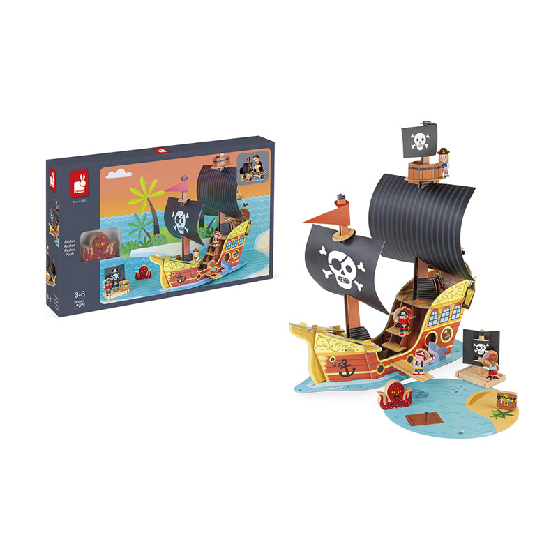 Janod Pirate Ship. Adventure and stories await with this fantastic Story Pirate Ship. Climb the ladder, search for enemy ships and even walk the plank! Accessories include a raft, animals and characters. Sold by Say It Baby Gifts