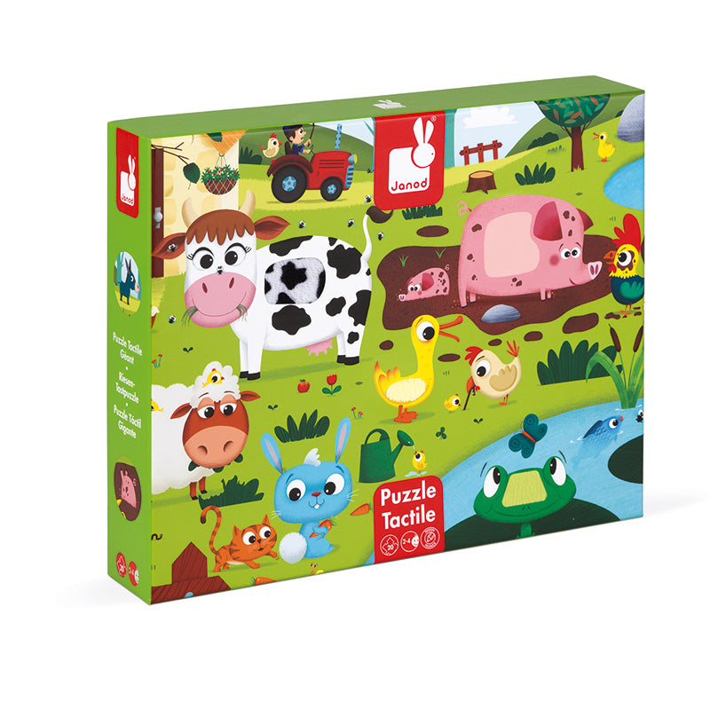 Janod Farm Animals Tactile Puzzle. This is a beautifully illustrated, colourful and tactile giant puzzle is made up of 20 large pieces in the theme of animals on the farm.