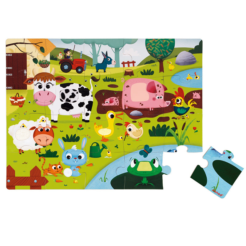 Janod Farm Animals Tactile Puzzle. The puzzle contains an array of animals with textured pieces. Suitable for age 2-4 years old. A fantastic puzzle for kids who will love the added element of tactile touch!