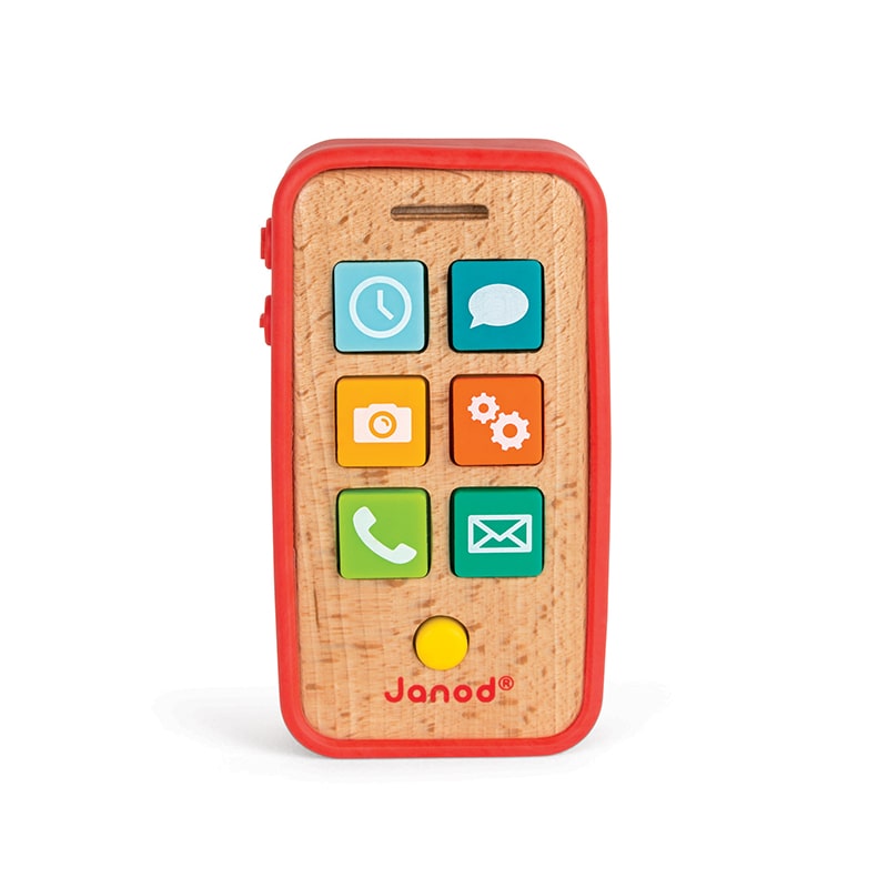 This great toy telephone by Janod is made from beech wood and has 7 soft plastic sound keys: home key, email, alarm, ring, camera, settings and SMS.  The sound telephone is protected by a silicone case that's easy for