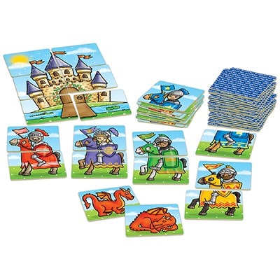 Knights and Dragons kids game - Players take turns to match as many noble knights as possible before the castle image is complete, but watch out for the dragon cards - an awake dragon will scare away a knight but a sleeping dragon could win back all the lost knights!