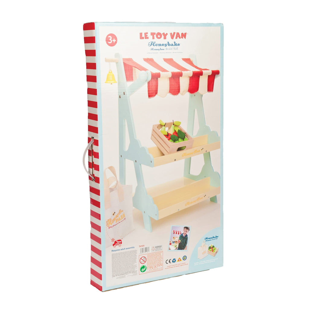 Le Toy Van Honeybake Market Stall - box Perfect for imaginative play, kids will love this brilliant traditional style stall where they can see their fruit and veg! 