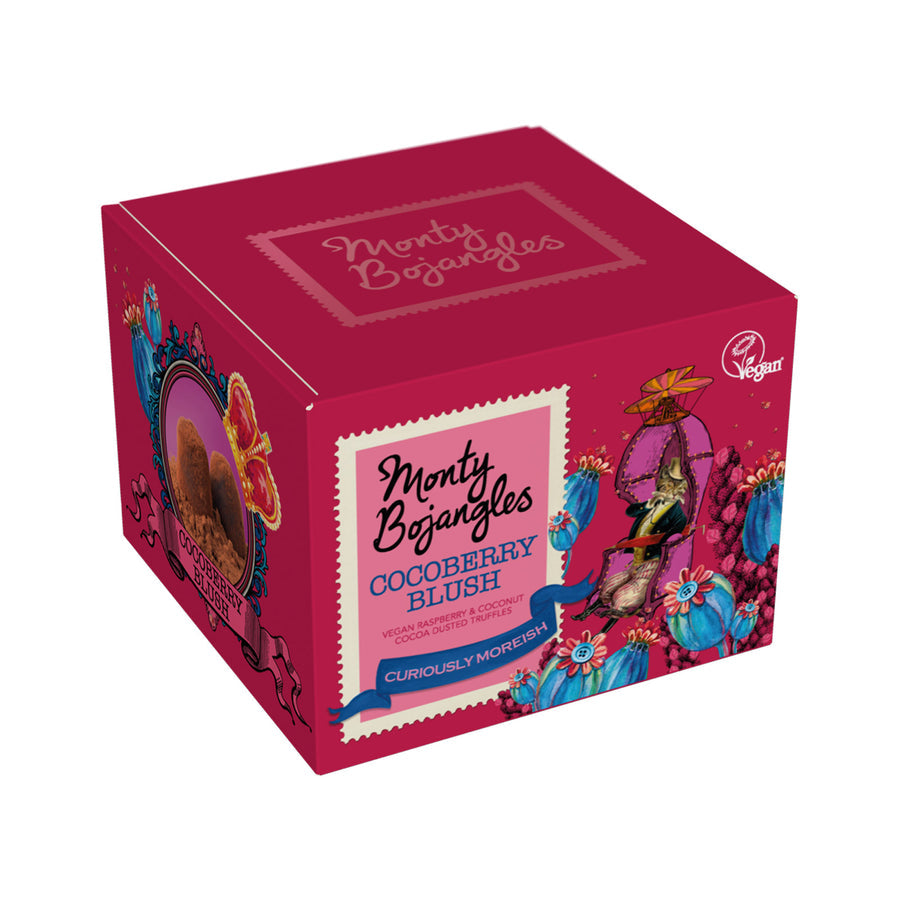 Monty Bojangles Cocoberry Blush Vegan Cocoa Dusted Truffles. Deliciously decadent, these delightful vegan truffles are creamy with mellow raspberry and toasted coconut. A chocolate indulgence with all the fresh vibrancy of a soft red fruit milkshake.
