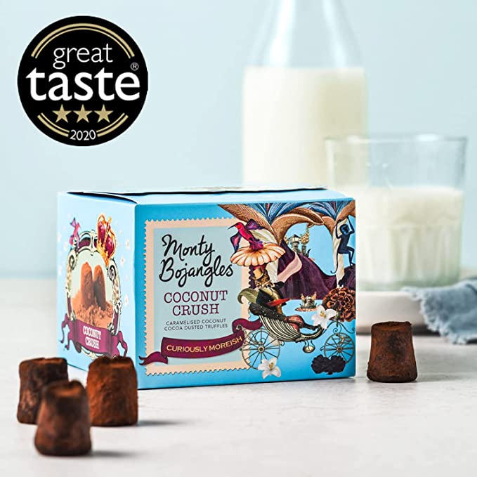 Monty Bojangles Coconut Crush French Truffles.  Scrumptiously scoffable these truffles are filled with tropically tantalising caramelised coconut pieces and packaged in a typical Monty Bojangles style of quirkiness.