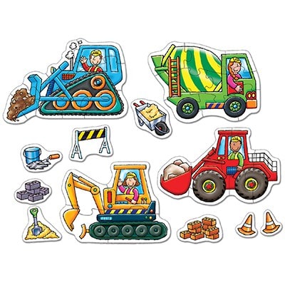 Orchard Toys Big Wheels Jigsaw Puzzle. These colourful puzzles include a variety of construction themed vehicles including three diggers and a cement mixer. 