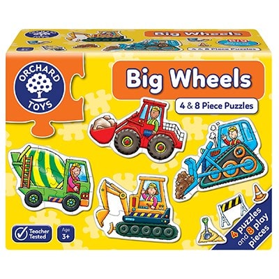 Orchard Toys Big Wheels Jigsaw Puzzle - Four fun big wheels jigsaw puzzles of four and eight pieces.
