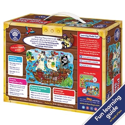 Orchard Toys Pirate Ship Jigsaw Puzzle. Pirate Ship includes a fun learning guide on the back of the box, which features different discussion points to talk about once the puzzle has been completed