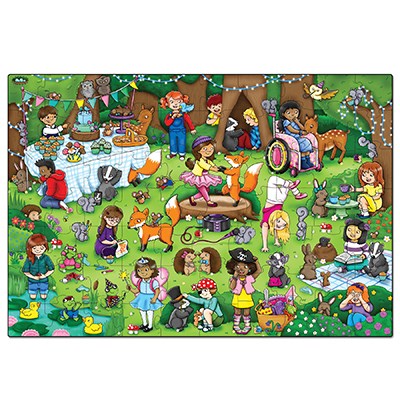 Orchard Toys Woodland Party Jigsaw Puzzle. A colourful 70-piece jigsaw, depicting an enchanted woodland with lots of familiar characters and magical animal friends