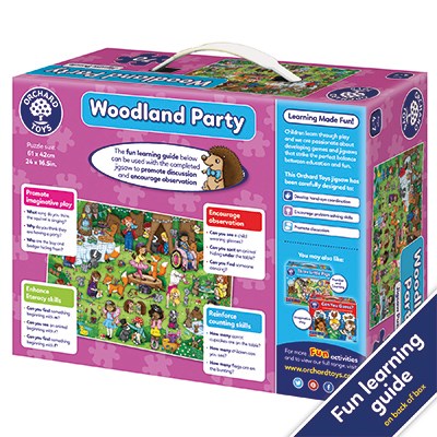 Orchard Toys Woodland Party Jigsaw Puzzle. Woodland Party includes a fun learning guide on the back of the box, which features different discussion points to talk about once the puzzle has been completed.
