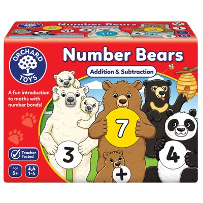 Orchard Toys Number Bears Game -the perfect introduction to addition and subtraction. Number Bears is a combined learning activity and game in one. Players must get their bear safely home to their cubs by turning over number cards and solving mathematical problems in this fun number bonds game. But, be careful the bear doesn't get distracted by the yummy pot of honey or you'll have to miss a turn!