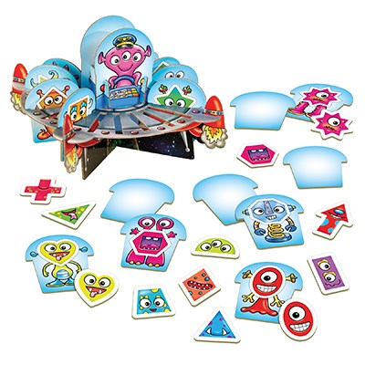 Orchard Toys Shape Aliens Game - a fun, cosmic matching game! All aboard! Players take turns to match their shape cards to aliens. Once they've found a match, they launch their alien onboard the 3D spaceship ready for blast off! The winner is the first person to match all their shapes.