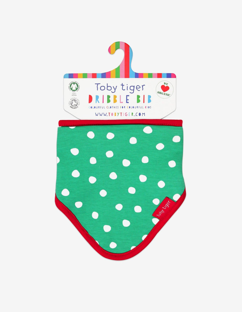 Green with white dots and red trim, this gorgeous Toby Tiger Dribble Bib is made with 100% organic cotton, super soft and lined with towelling for extra absorbency.