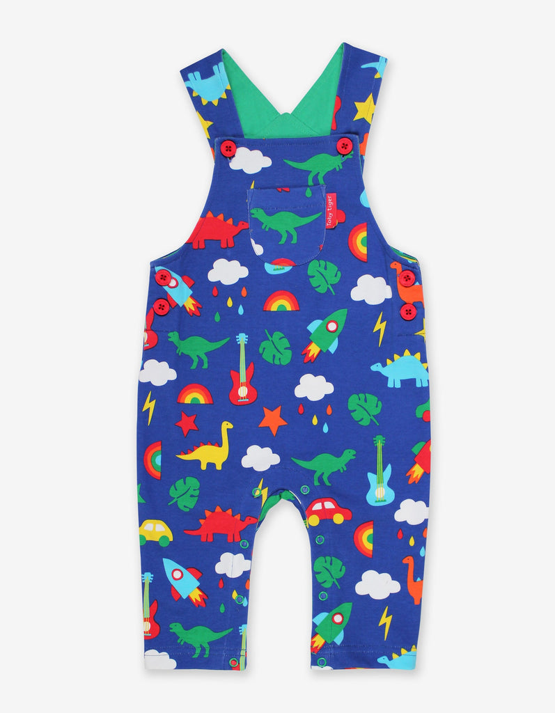 Toby Tiger Organic Playtime Mix-Up Print Dungarees. Sold by Say It Baby Gifts