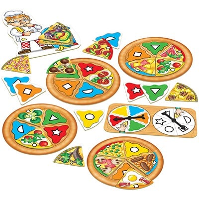 Match colours and shapes to make the perfect pizza in this fun kids' game by Orchard Toys.
