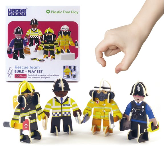 Ready for action - to the rescue! This brilliant Rescue Eco-Friendly Build and Play Set by Playpress contains 4 characters 2 police officers and 2 fearless firefighters, along with the kit that they need!
