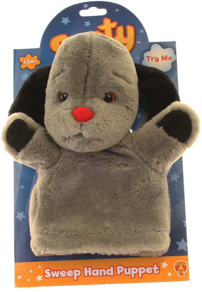 Izzy Wizzy Let's Get Busy! Say Hello Sweep!  Sweep Hand Puppet. Grey and black. Sold by Say It Baby Gifts