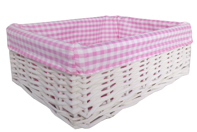 White Wicker Basket with Pink Gingham Lining - Medium. 35x24x12cm high. Sold by Say It Baby Gifts