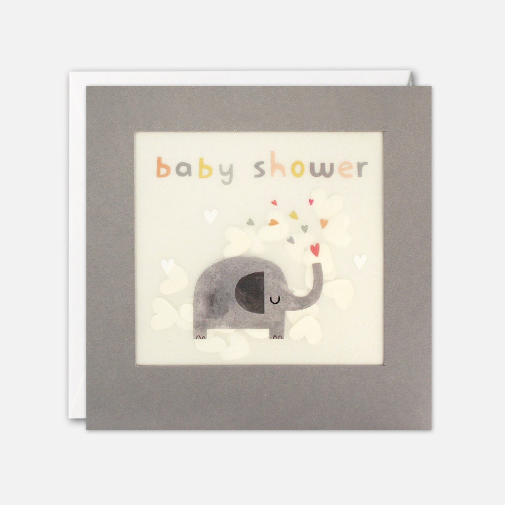 This sweet card features an adorable little elephant with the words "Baby Shower" and is filled with white paper confetti lovehearts. Say It Baby Gifts