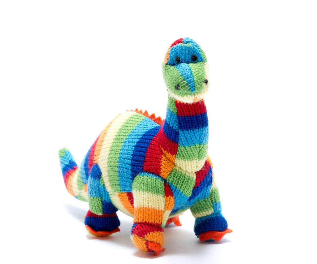 Best Years Knitted Diplodocus Baby Rattle - Bold Stripe. Sold by Say It Baby Gifts