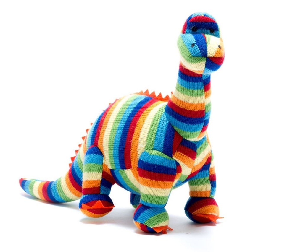 Best Years Bold Stripes Knitted Diplodocus - Medium. This gorgeous Diplodocus dinosaur in bold rainbow stripes is bright, colourful and very mischievous!