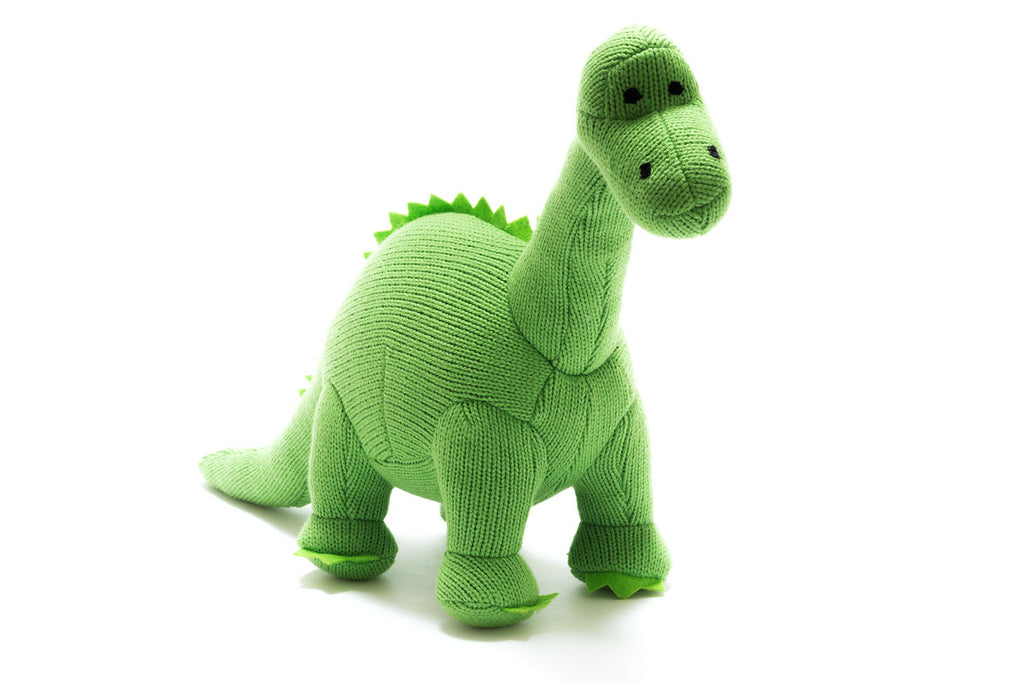 Best Years Knitted Diplodocus Baby Rattle - Green. Soft and knitted, this cutie also features a gentle rattle. A great little prehistoric pal that babies will love! Sold by Say It Baby Gifts