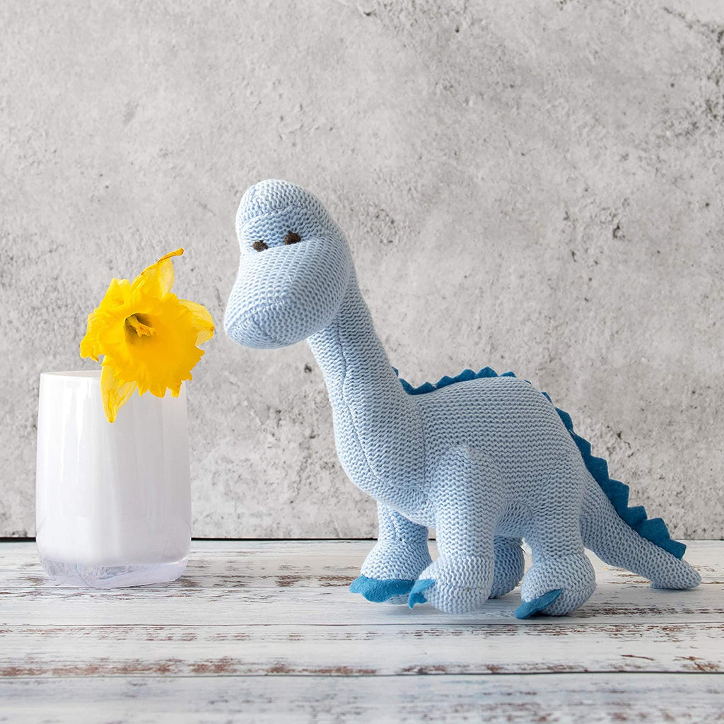 Best Years Knitted Organic Cotton Diplodocus Baby Rattle - Blue. Made in the UK from 100% organic cotton, this cutie also features a gentle rattle. A great little prehistoric pal that babies will love!