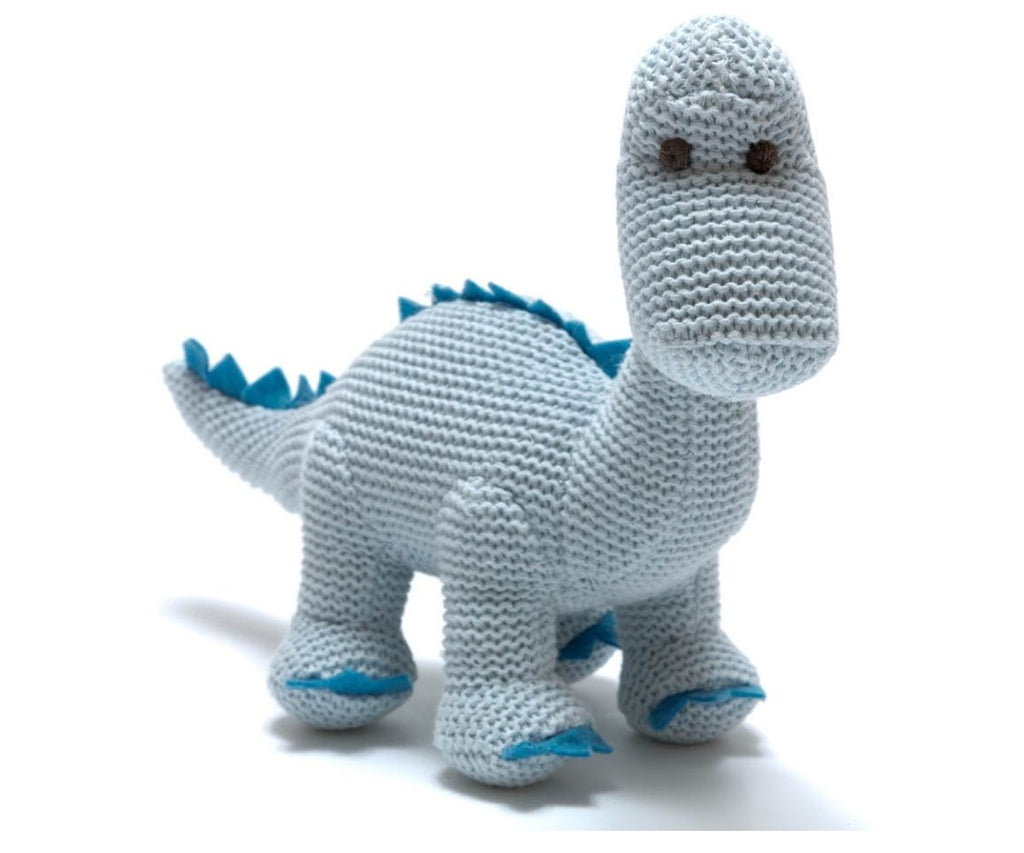 Best Years Knitted Organic Cotton Diplodocus Baby Rattle - Blue. This gorgeous Diplodocus dinosaur in blue is a lovely gift to welcome a new baby boy!